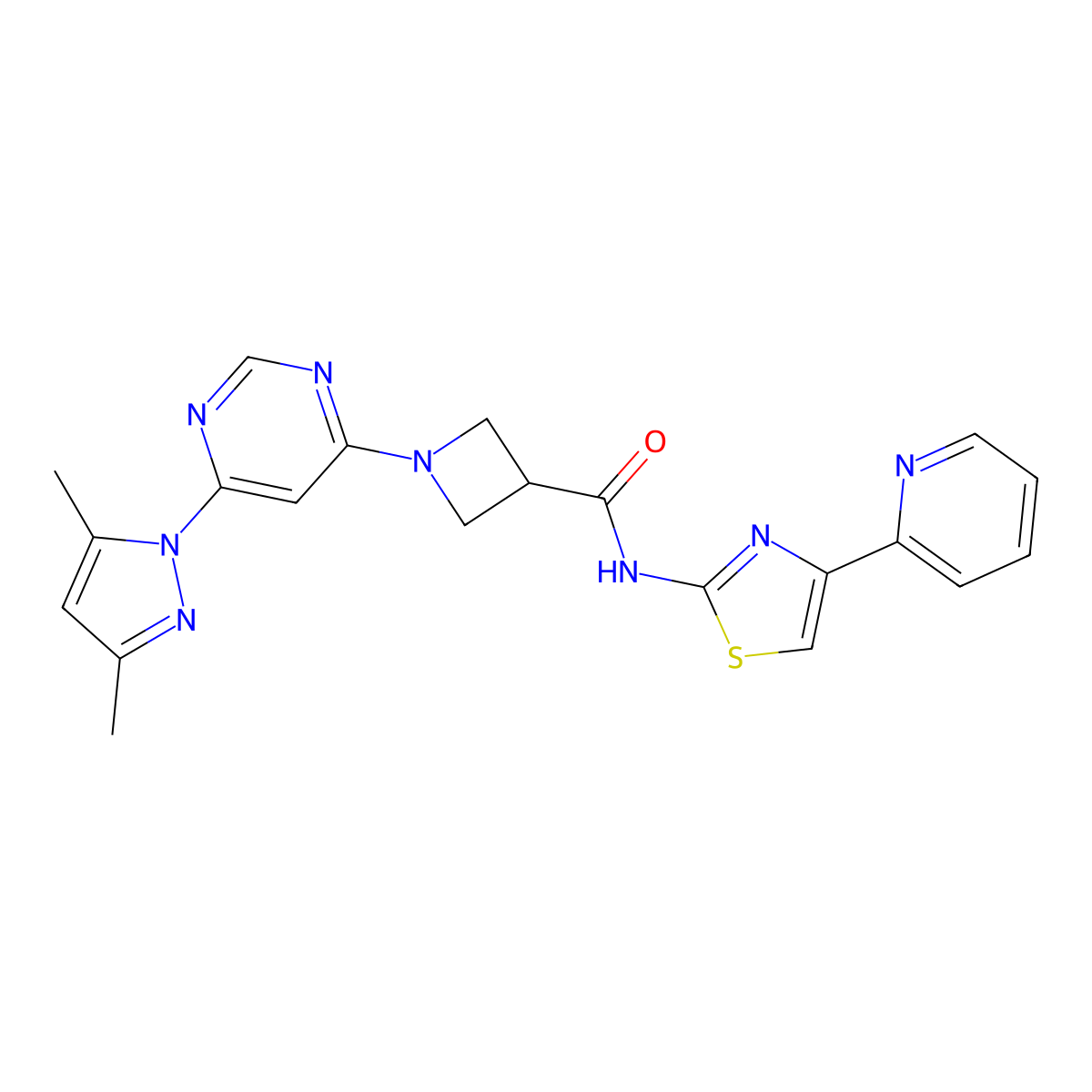 1-(6-(3,5-dimethyl-1H-pyrazol-1-yl)pyrimidin-4-yl)-N-(4-(pyridin-2-yl)thiazol-2-yl)azetidine-3-carboxamide molecular structure, CAS 2034232-93-2