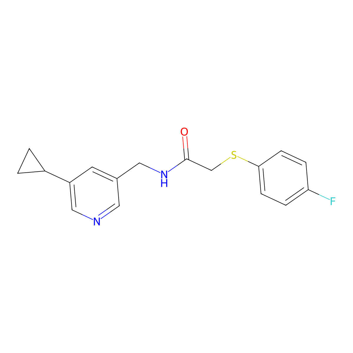 N-((5-cyclopropylpyridin-3-yl)methyl)-2-((4-fluorophenyl)thio)acetamide molecular structure, CAS 2034232-98-7