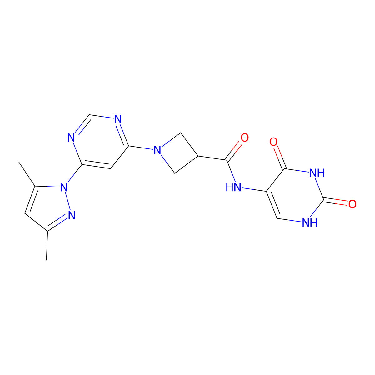 1-(6-(3,5-dimethyl-1H-pyrazol-1-yl)pyrimidin-4-yl)-N-(2,4-dioxo-1,2,3,4-tetrahydropyrimidin-5-yl)azetidine-3-carboxamide molecular structure, CAS 2034232-99-8
