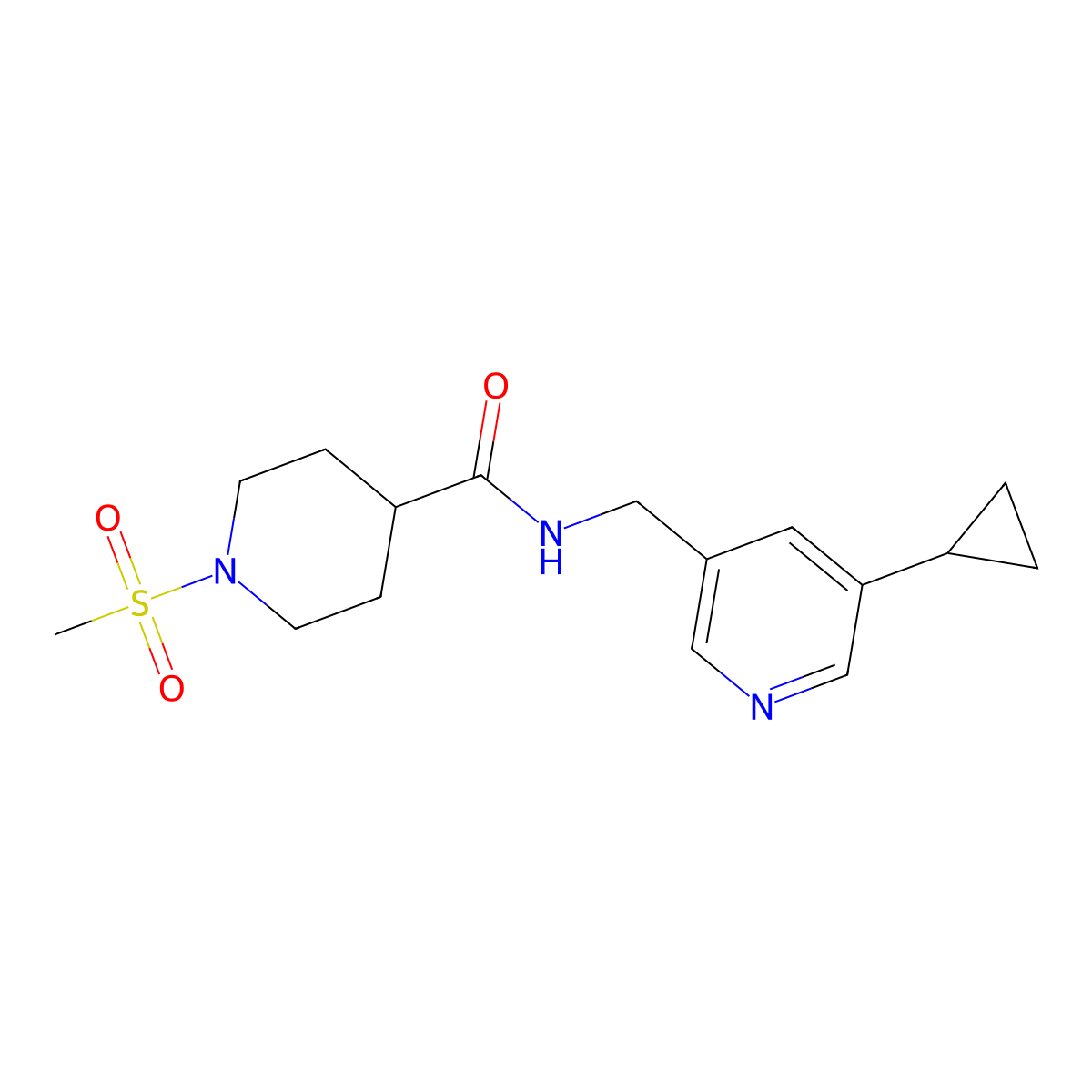 N-((5-cyclopropylpyridin-3-yl)methyl)-1-(methylsulfonyl)piperidine-4-carboxamide molecular structure, CAS 2034233-02-6