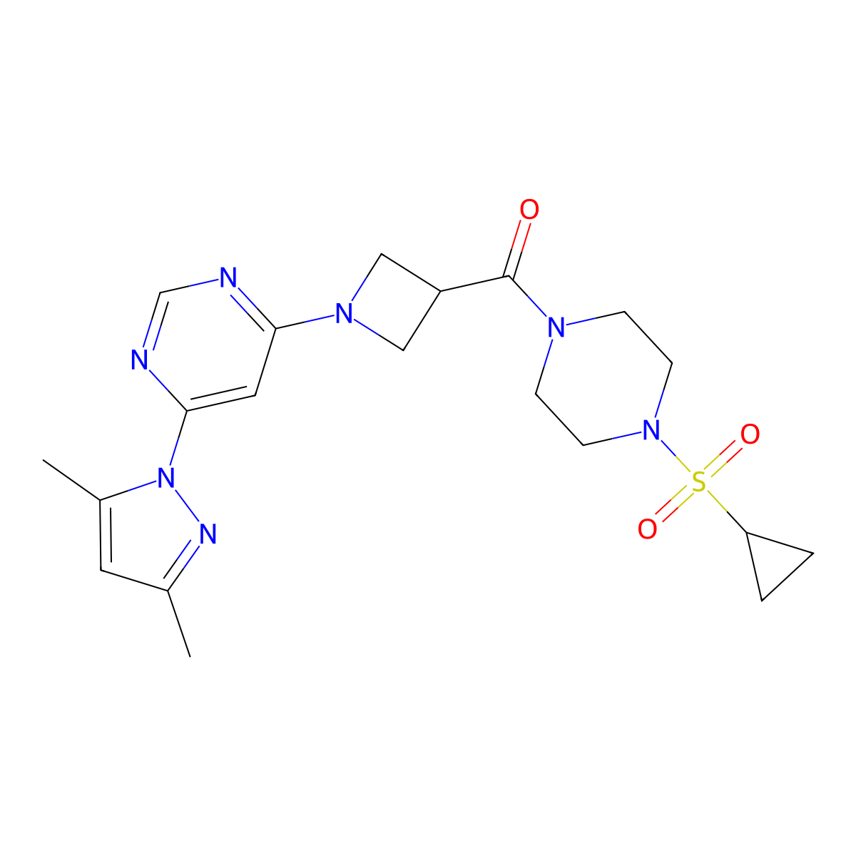 (4-(cyclopropylsulfonyl)piperazin-1-yl)(1-(6-(3,5-dimethyl-1H-pyrazol-1-yl)pyrimidin-4-yl)azetidin-3-yl)methanone molecular structure, CAS 2034233-07-1