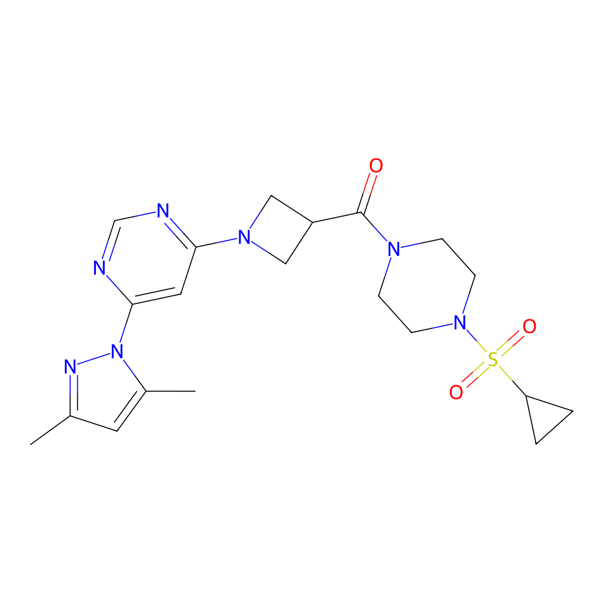 (4-(cyclopropylsulfonyl)piperazin-1-yl)(1-(6-(3,5-dimethyl-1H-pyrazol-1-yl)pyrimidin-4-yl)azetidin-3-yl)methanone molecular structure, CAS 2034233-07-1