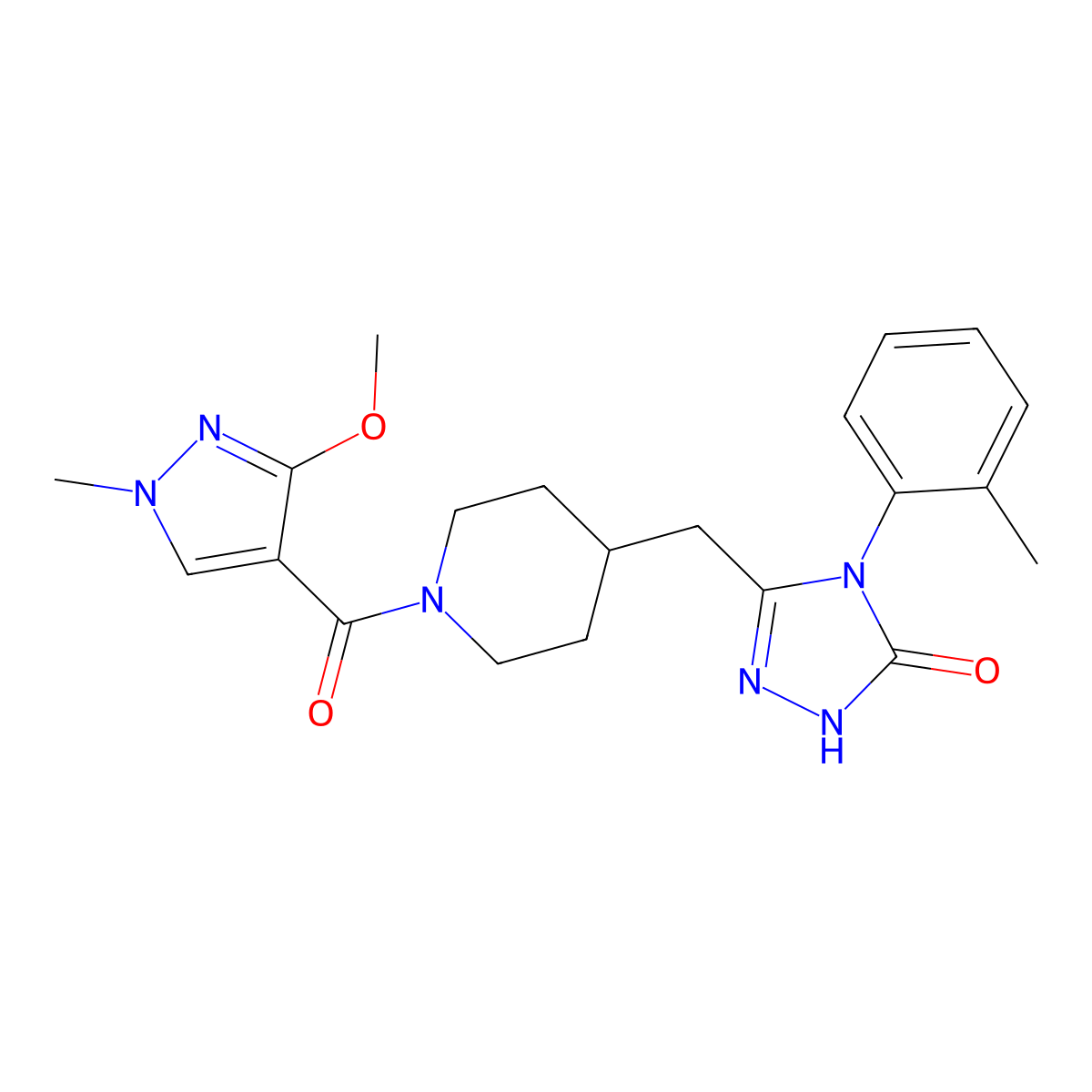 3-((1-(3-methoxy-1-methyl-1H-pyrazole-4-carbonyl)piperidin-4-yl)methyl)-4-(o-tolyl)-1H-1,2,4-triazol-5(4H)-one molecular structure, CAS 2034233-09-3