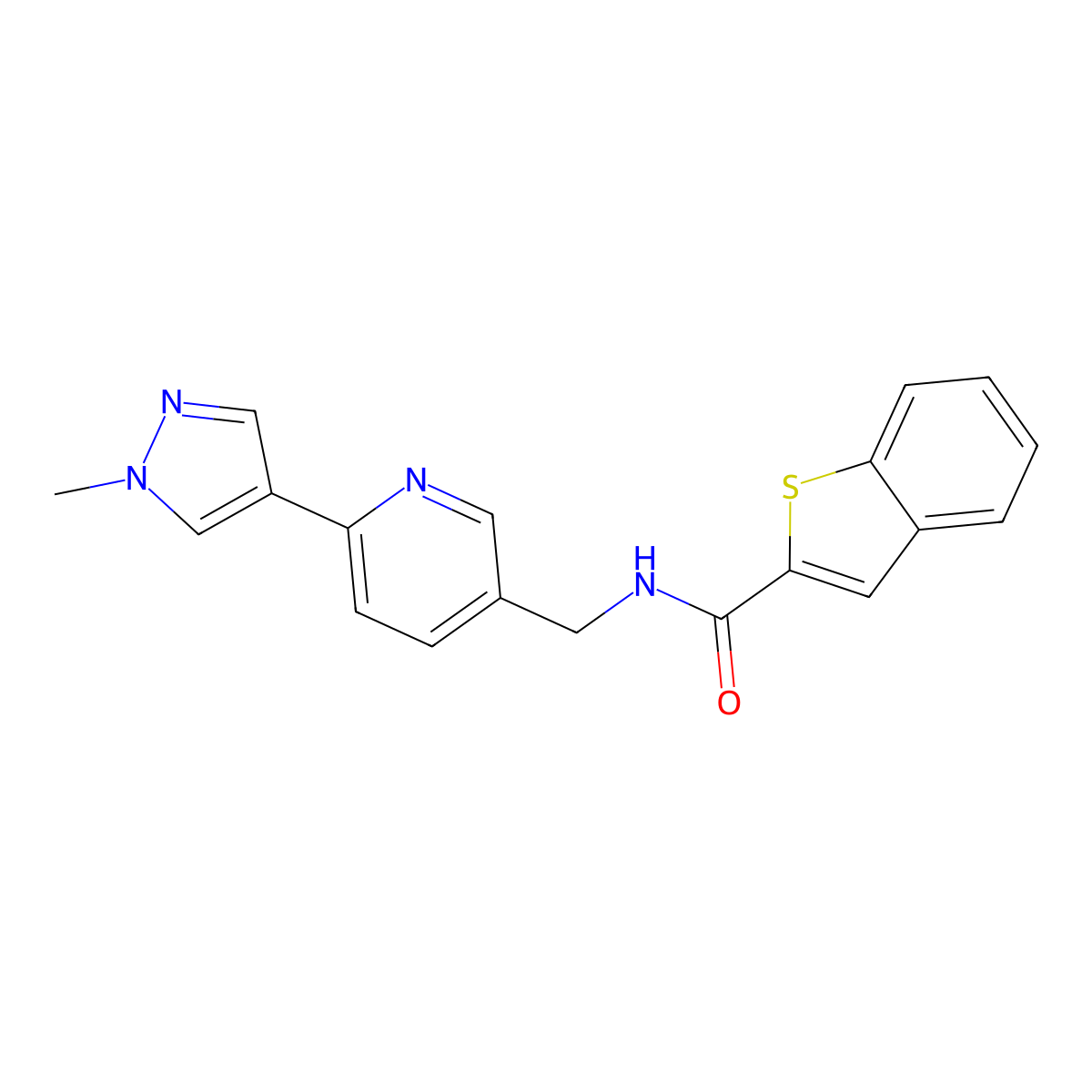 N-((6-(1-methyl-1H-pyrazol-4-yl)pyridin-3-yl)methyl)benzo[b]thiophene-2-carboxamide molecular structure, CAS 2034233-10-6