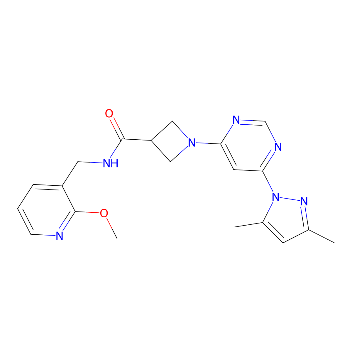 1-(6-(3,5-dimethyl-1H-pyrazol-1-yl)pyrimidin-4-yl)-N-((2-methoxypyridin-3-yl)methyl)azetidine-3-carboxamide molecular structure, CAS 2034233-13-9