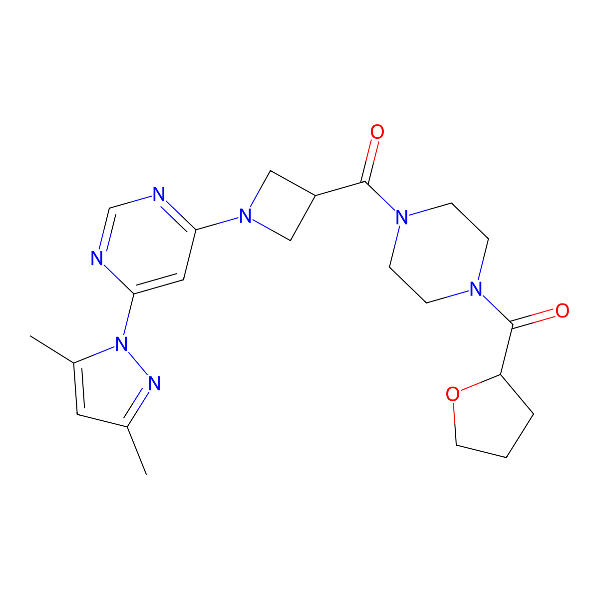 (1-(6-(3,5-dimethyl-1H-pyrazol-1-yl)pyrimidin-4-yl)azetidin-3-yl)(4-(tetrahydrofuran-2-carbonyl)piperazin-1-yl)methanone molecular structure, CAS 2034233-20-8