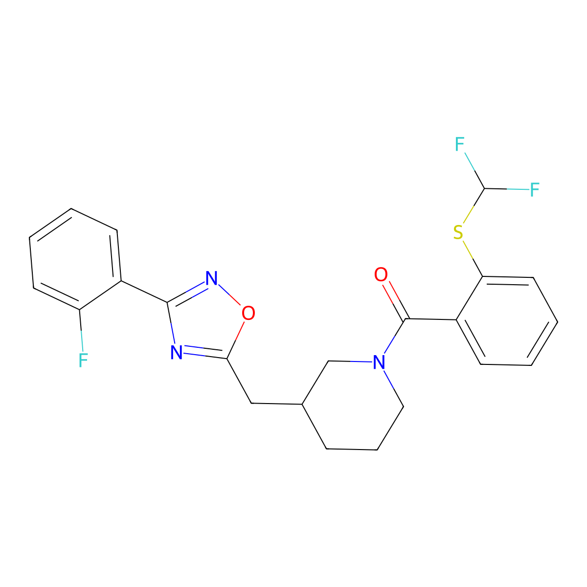 (2-((Difluoromethyl)thio)phenyl)(3-((3-(2-fluorophenyl)-1,2,4-oxadiazol-5-yl)methyl)piperidin-1-yl)methanone molecular structure, CAS 2034233-23-1