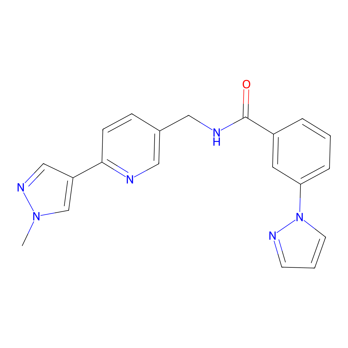 N-((6-(1-methyl-1H-pyrazol-4-yl)pyridin-3-yl)methyl)-3-(1H-pyrazol-1-yl)benzamide molecular structure, CAS 2034233-26-4