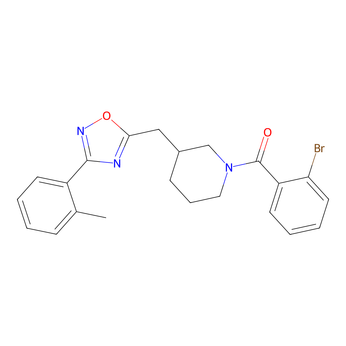 (2-Bromophenyl)(3-((3-(o-tolyl)-1,2,4-oxadiazol-5-yl)methyl)piperidin-1-yl)methanone molecular structure, CAS 2034233-30-0