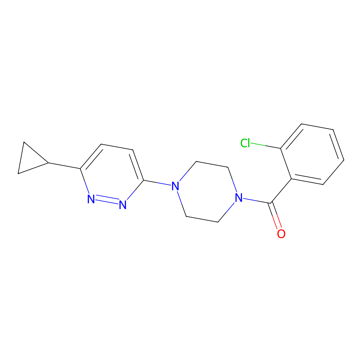 (2-Chlorophenyl)(4-(6-cyclopropylpyridazin-3-yl)piperazin-1-yl)methanone molecular structure, CAS 2034233-38-8
