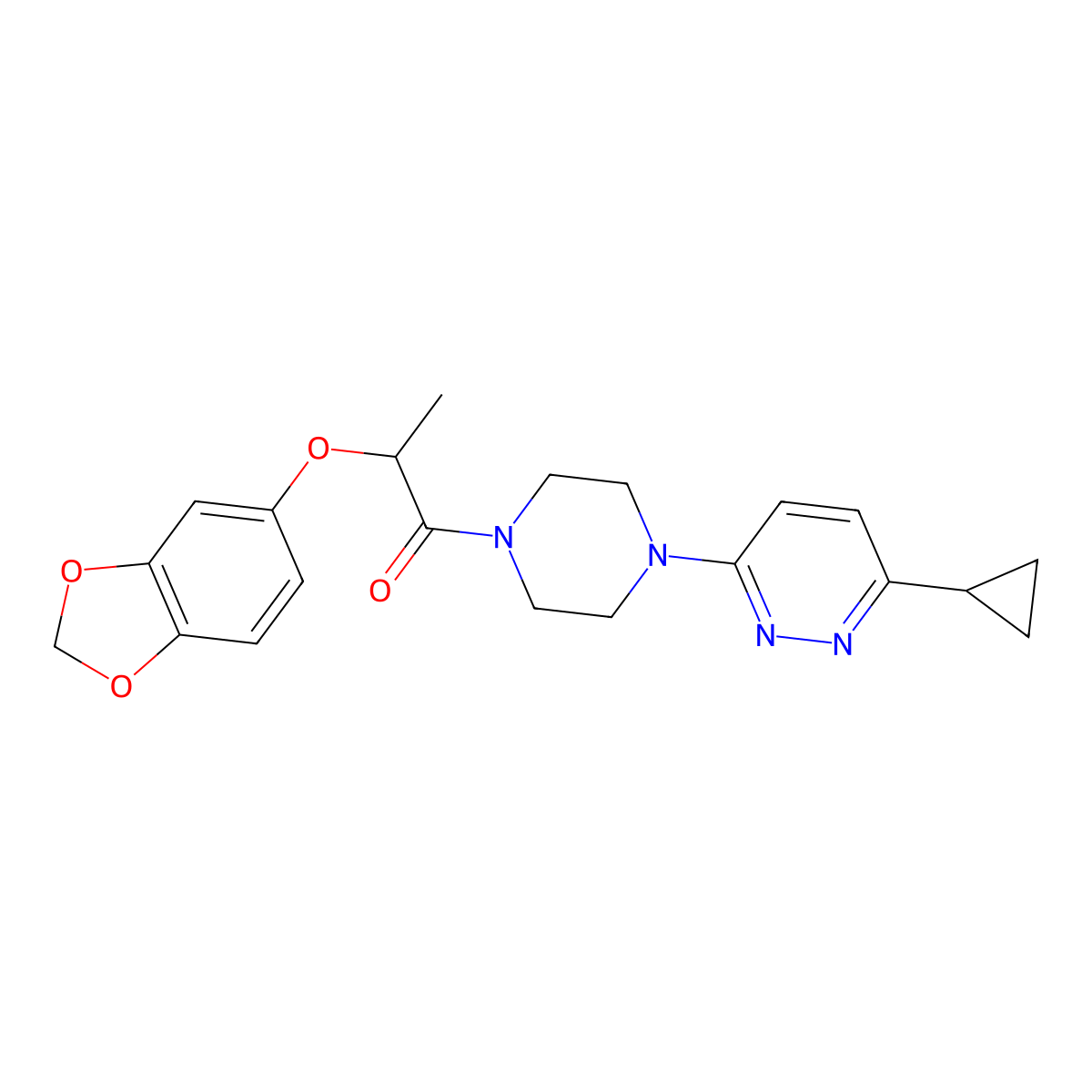 2-(Benzo[d][1,3]dioxol-5-yloxy)-1-(4-(6-cyclopropylpyridazin-3-yl)piperazin-1-yl)propan-1-one molecular structure, CAS 2034233-46-8