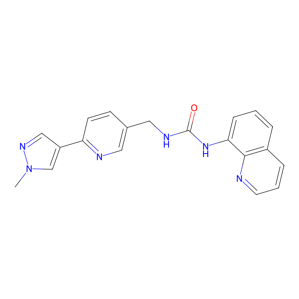 1-((6-(1-methyl-1H-pyrazol-4-yl)pyridin-3-yl)methyl)-3-(quinolin-8-yl)urea molecular structure, CAS 2034233-48-0