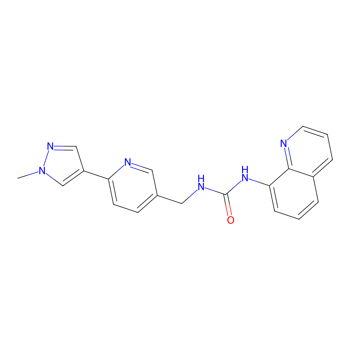 1-((6-(1-methyl-1H-pyrazol-4-yl)pyridin-3-yl)methyl)-3-(quinolin-8-yl)urea molecular structure, CAS 2034233-48-0