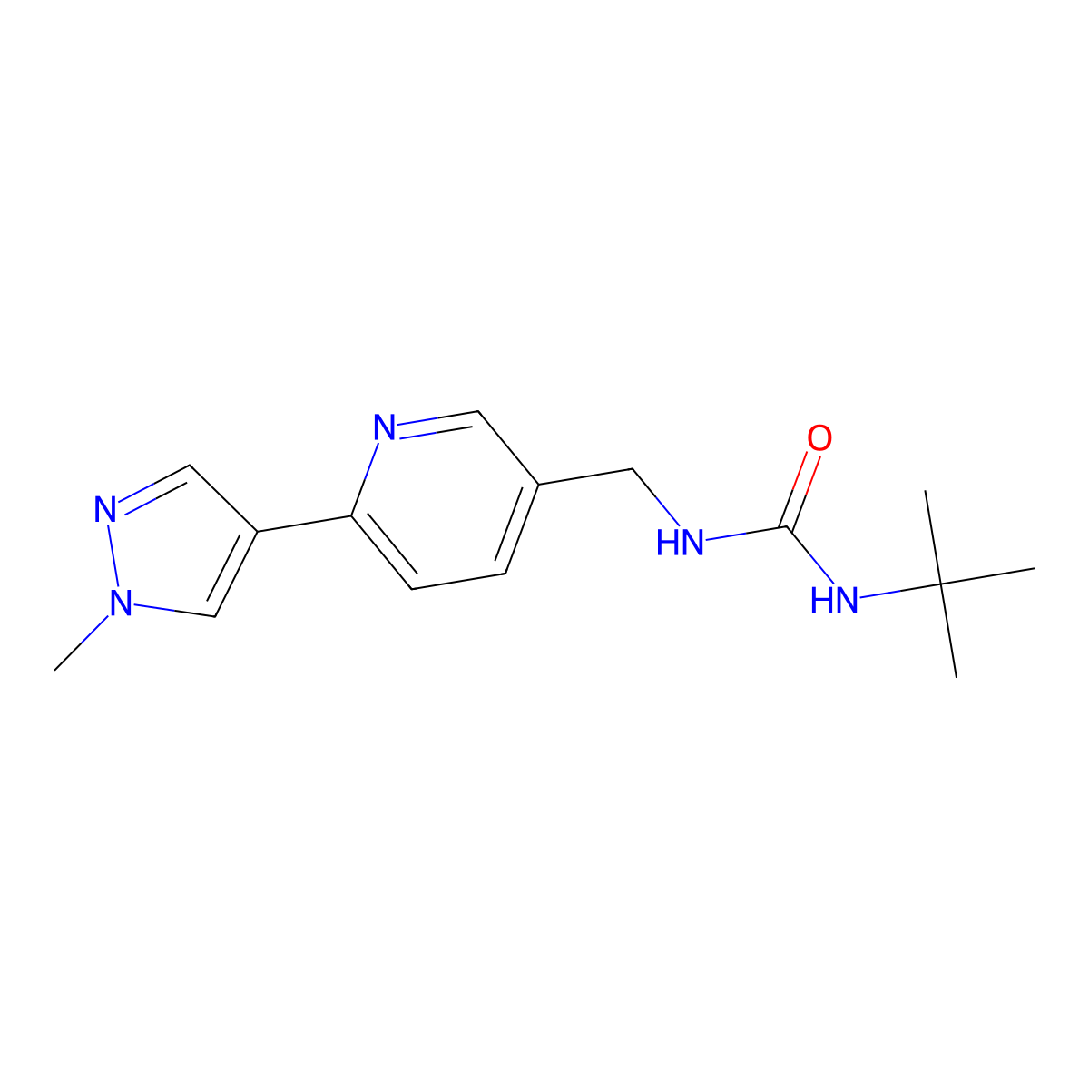 1-(tert-butyl)-3-((6-(1-methyl-1H-pyrazol-4-yl)pyridin-3-yl)methyl)urea molecular structure, CAS 2034233-58-2