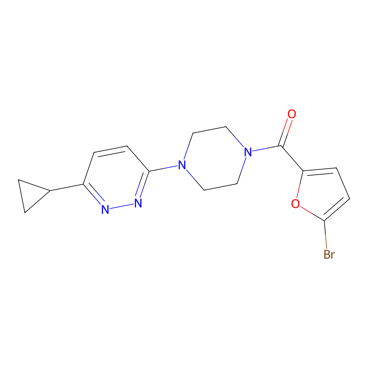 (5-Bromofuran-2-yl)(4-(6-cyclopropylpyridazin-3-yl)piperazin-1-yl)methanone molecular structure, CAS 2034233-67-3