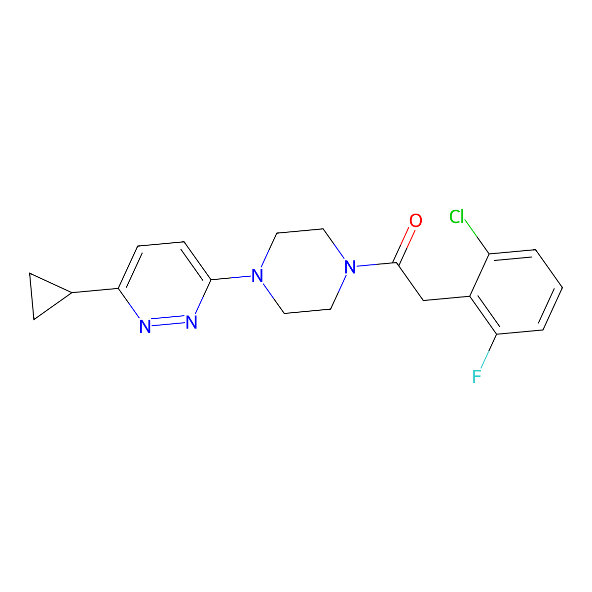 2-(2-Chloro-6-fluorophenyl)-1-(4-(6-cyclopropylpyridazin-3-yl)piperazin-1-yl)ethanone molecular structure, CAS 2034233-76-4