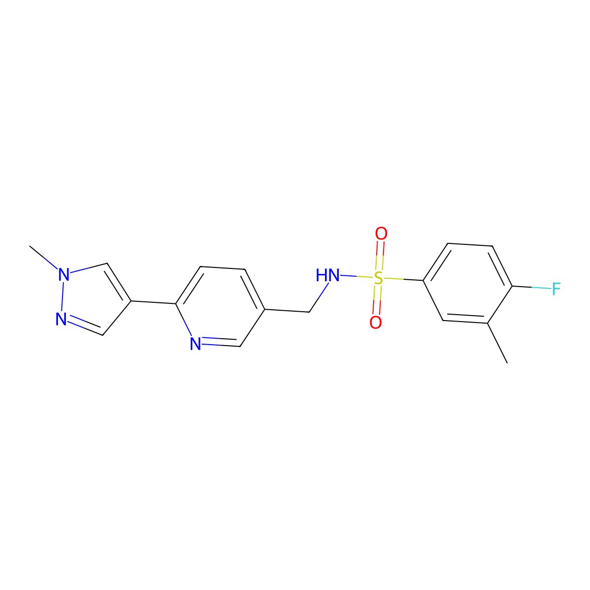 4-fluoro-3-methyl-N-((6-(1-methyl-1H-pyrazol-4-yl)pyridin-3-yl)methyl)benzenesulfonamide molecular structure, CAS 2034233-77-5