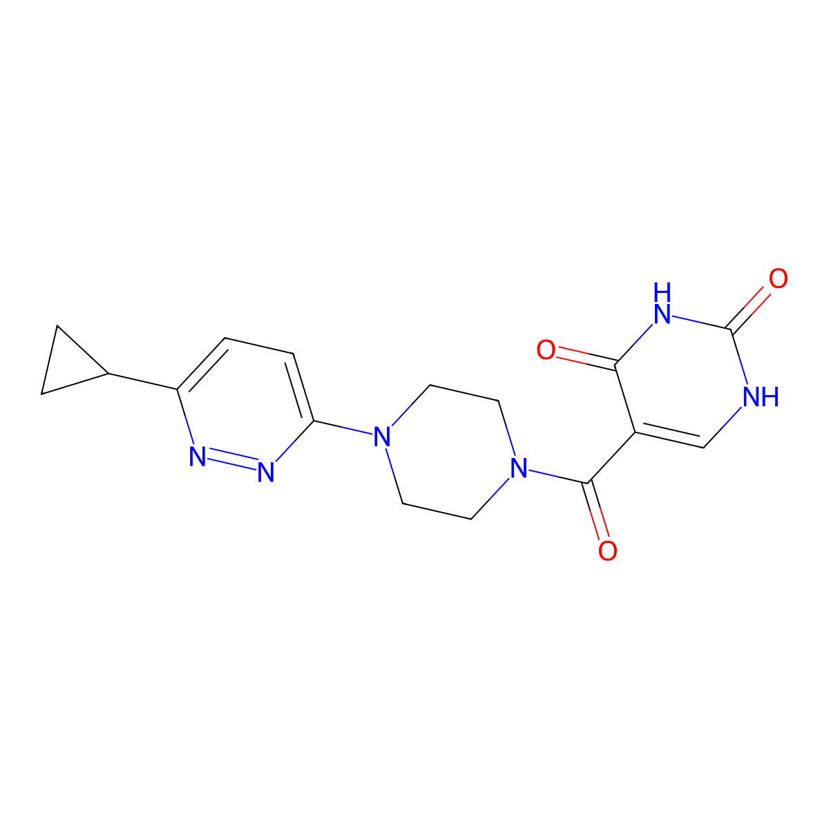 5-(4-(6-cyclopropylpyridazin-3-yl)piperazine-1-carbonyl)pyrimidine-2,4(1H,3H)-dione molecular structure, CAS 2034233-80-0