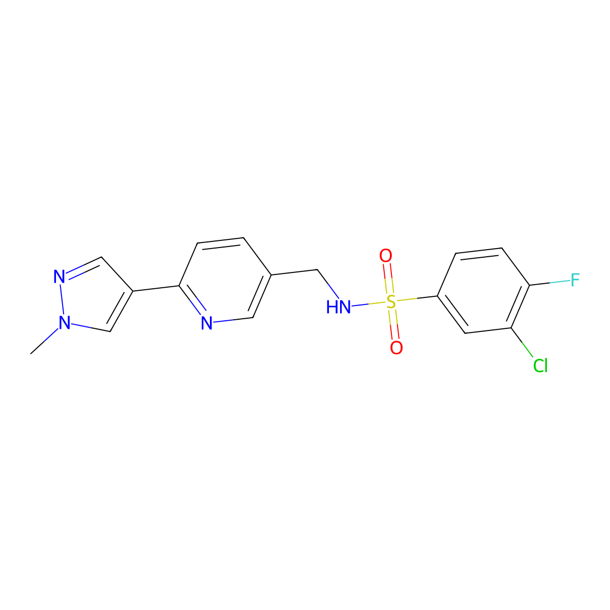 3-chloro-4-fluoro-N-((6-(1-methyl-1H-pyrazol-4-yl)pyridin-3-yl)methyl)benzenesulfonamide molecular structure, CAS 2034233-81-1