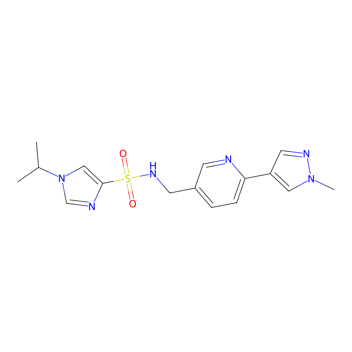 1-isopropyl-N-((6-(1-methyl-1H-pyrazol-4-yl)pyridin-3-yl)methyl)-1H-imidazole-4-sulfonamide molecular structure, CAS 2034233-84-4