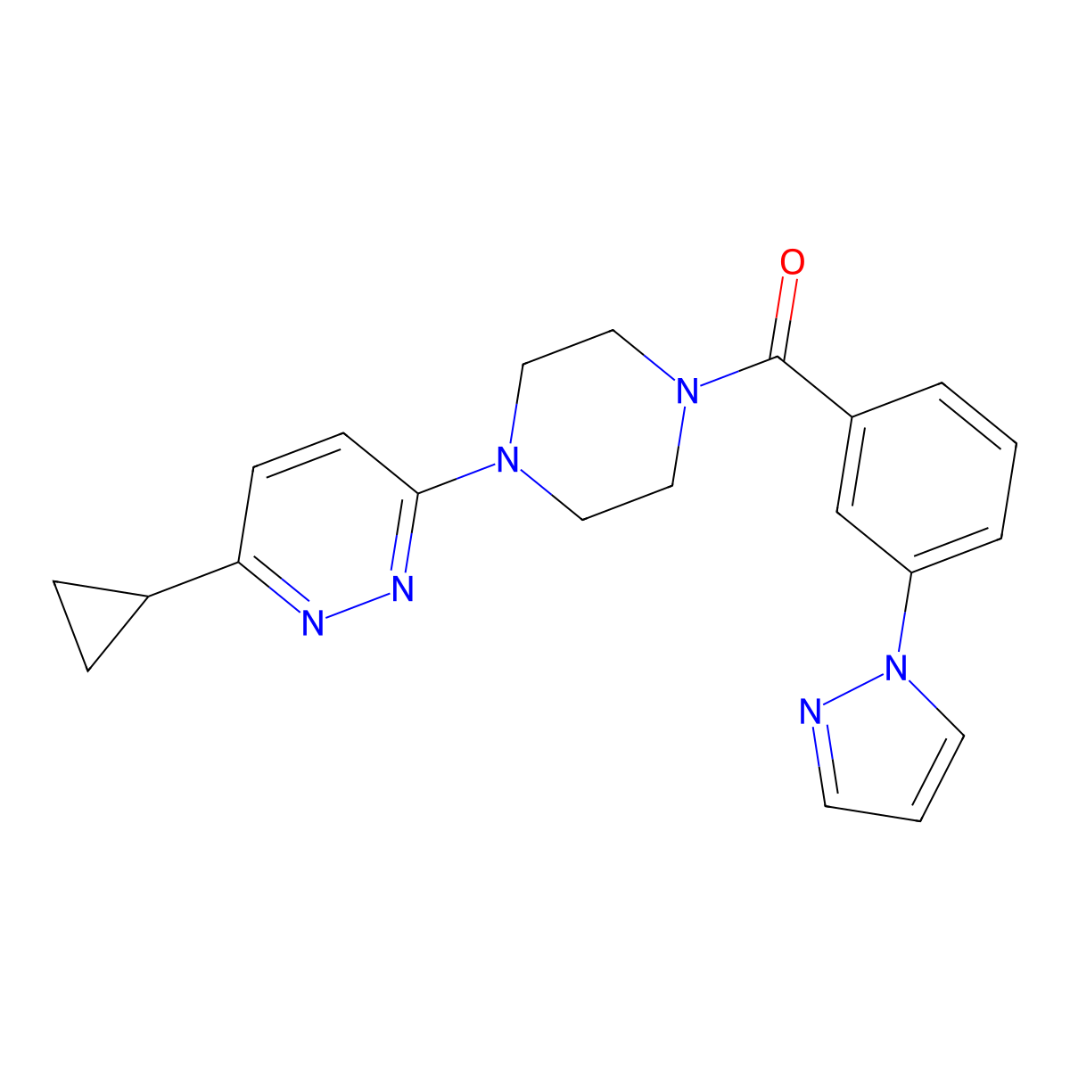(3-(1H-pyrazol-1-yl)phenyl)(4-(6-cyclopropylpyridazin-3-yl)piperazin-1-yl)methanone molecular structure, CAS 2034233-88-8