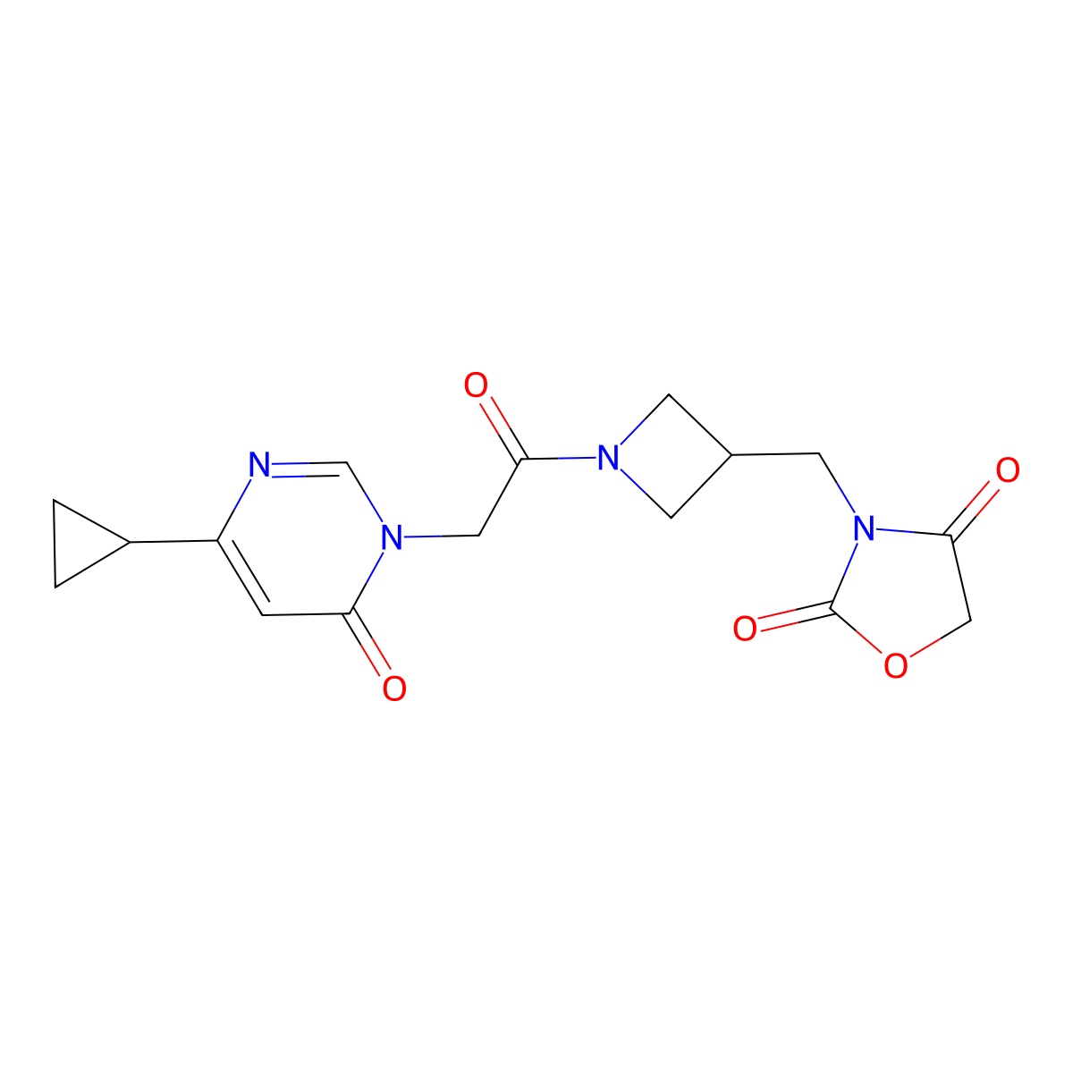 3-((1-(2-(4-cyclopropyl-6-oxopyrimidin-1(6H)-yl)acetyl)azetidin-3-yl)methyl)oxazolidine-2,4-dione molecular structure, CAS 2034233-91-3