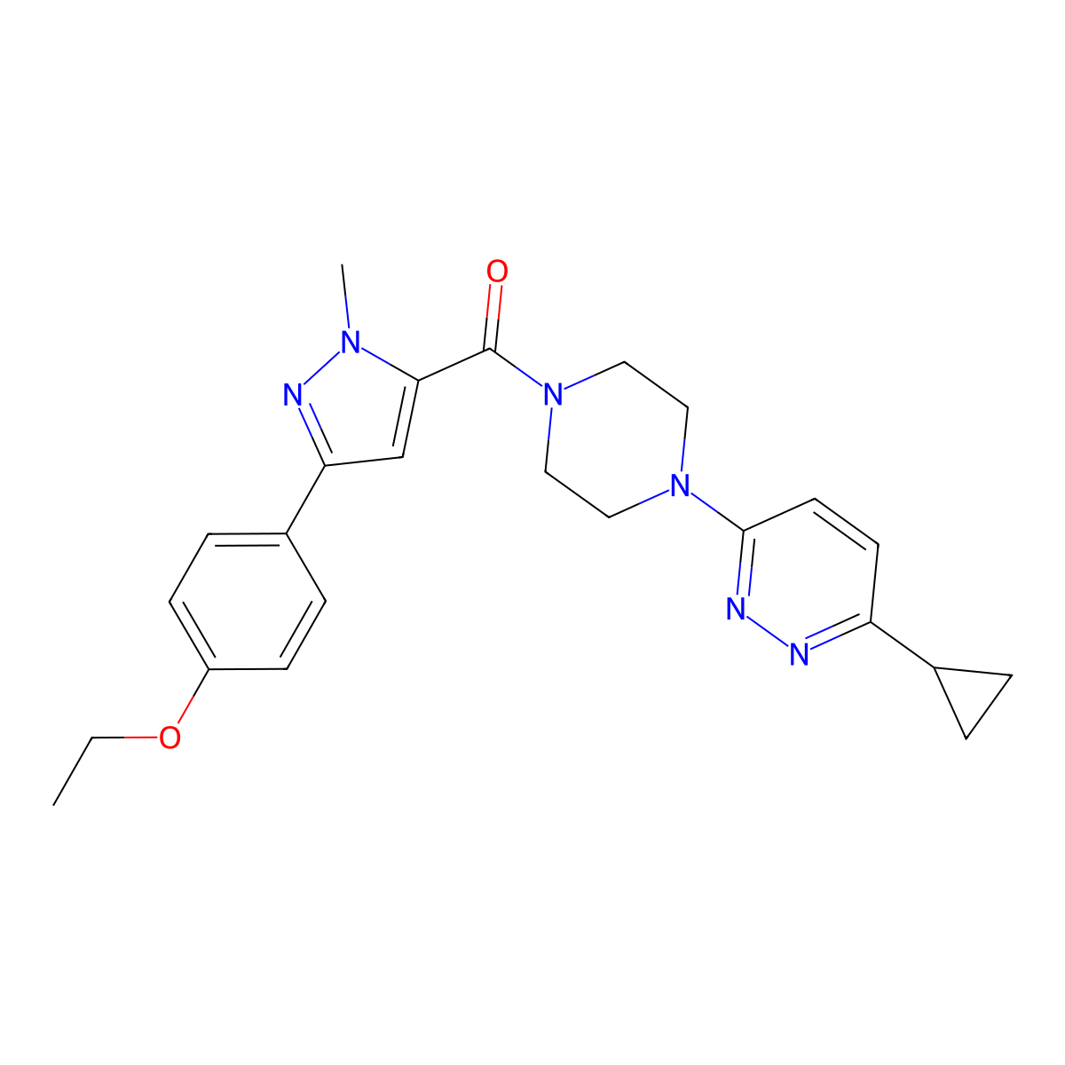 (4-(6-cyclopropylpyridazin-3-yl)piperazin-1-yl)(3-(4-ethoxyphenyl)-1-methyl-1H-pyrazol-5-yl)methanone molecular structure, CAS 2034233-98-0