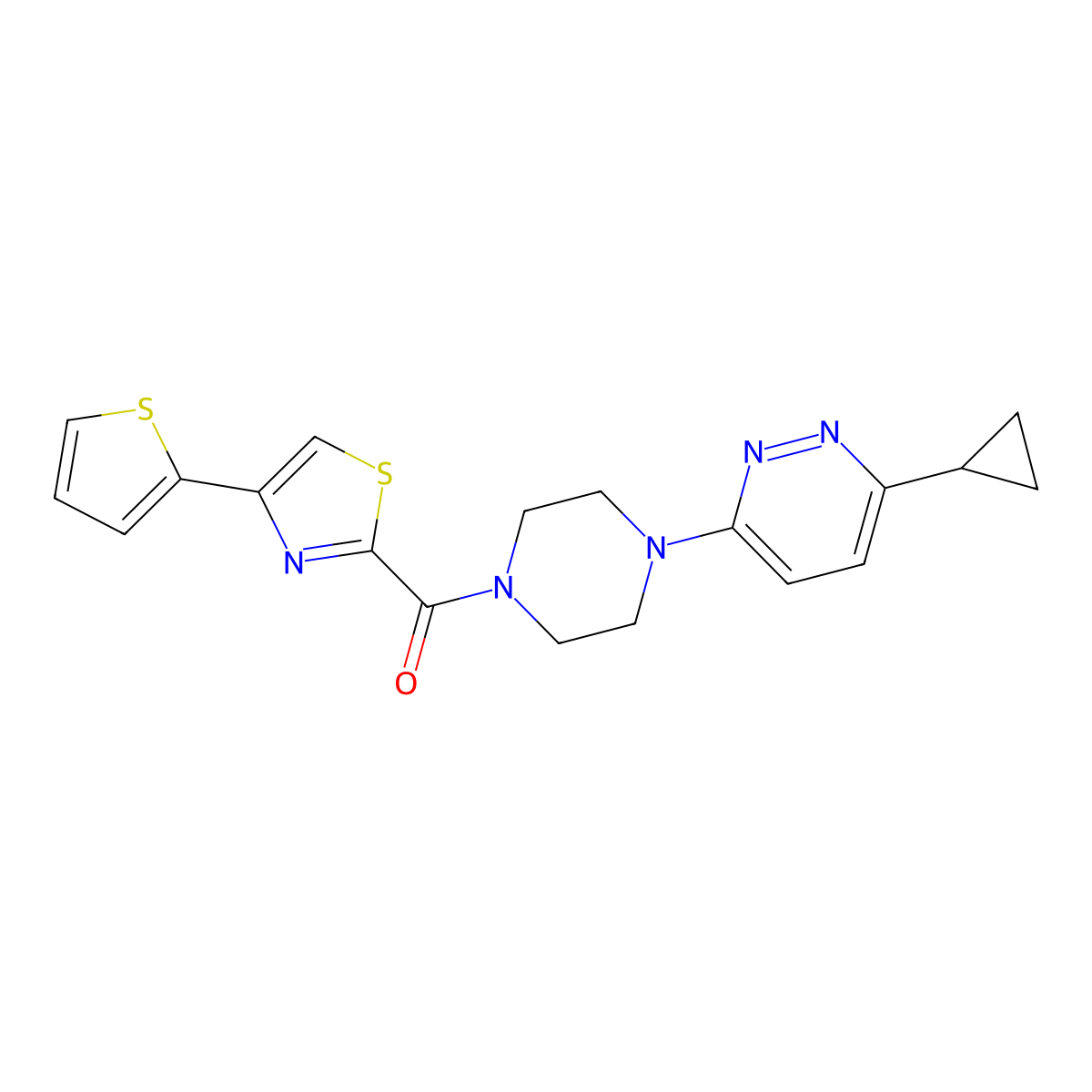 (4-(6-Cyclopropylpyridazin-3-yl)piperazin-1-yl)(4-(thiophen-2-yl)thiazol-2-yl)methanone molecular structure, CAS 2034234-03-0