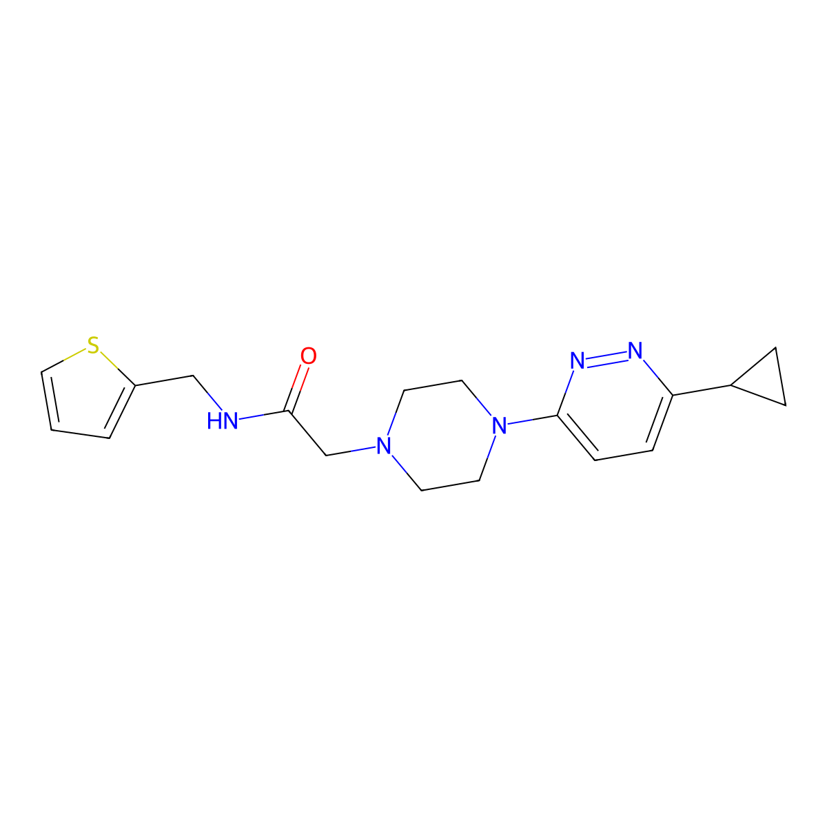 2-(4-(6-cyclopropylpyridazin-3-yl)piperazin-1-yl)-N-(thiophen-2-ylmethyl)acetamide molecular structure, CAS 2034234-12-1