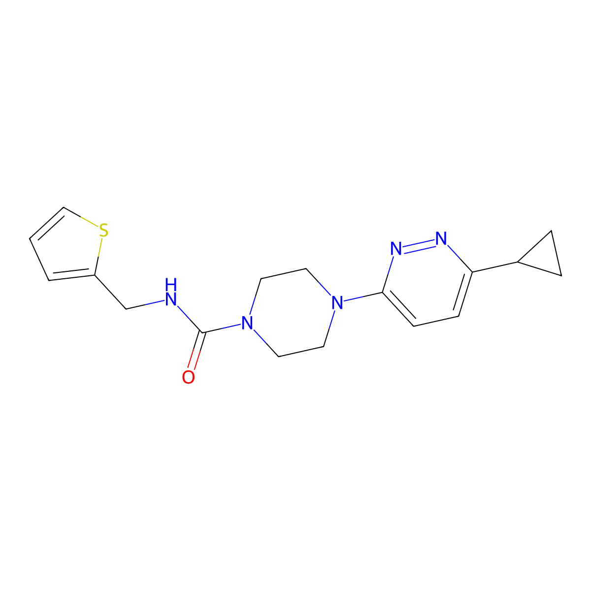 4-(6-cyclopropylpyridazin-3-yl)-N-(thiophen-2-ylmethyl)piperazine-1-carboxamide molecular structure, CAS 2034234-28-9