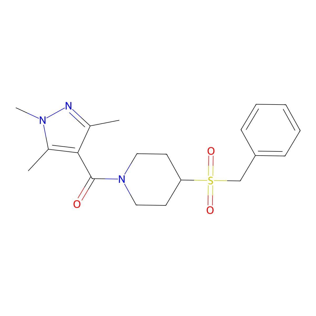 (4-(benzylsulfonyl)piperidin-1-yl)(1,3,5-trimethyl-1H-pyrazol-4-yl)methanone molecular structure, CAS 2034234-29-0