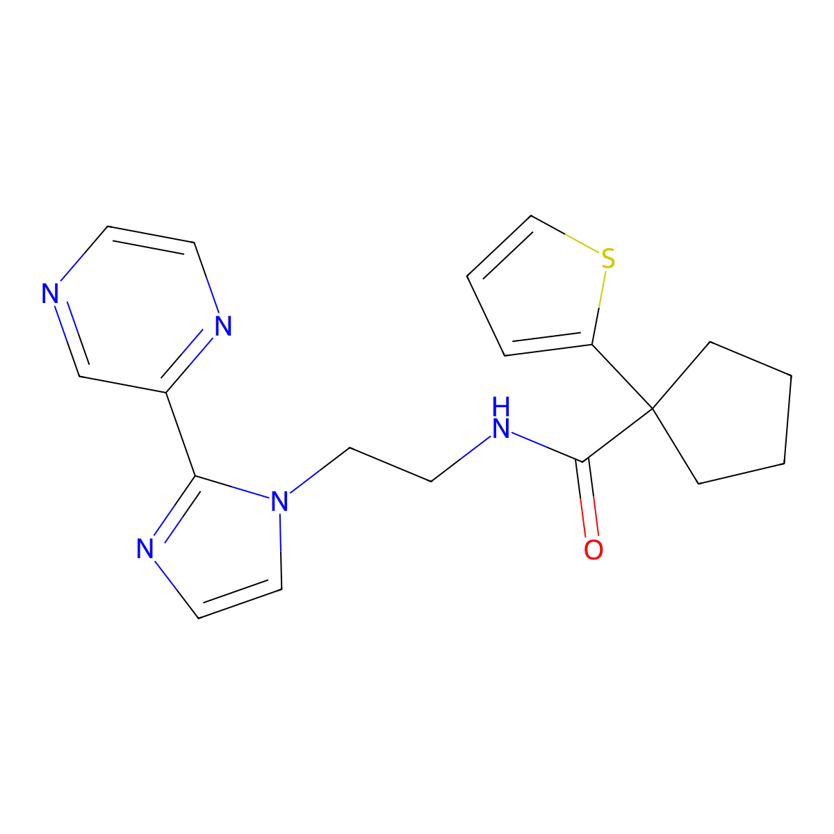 N-(2-(2-(pyrazin-2-yl)-1H-imidazol-1-yl)ethyl)-1-(thiophen-2-yl)cyclopentanecarboxamide molecular structure, CAS 2034234-33-6