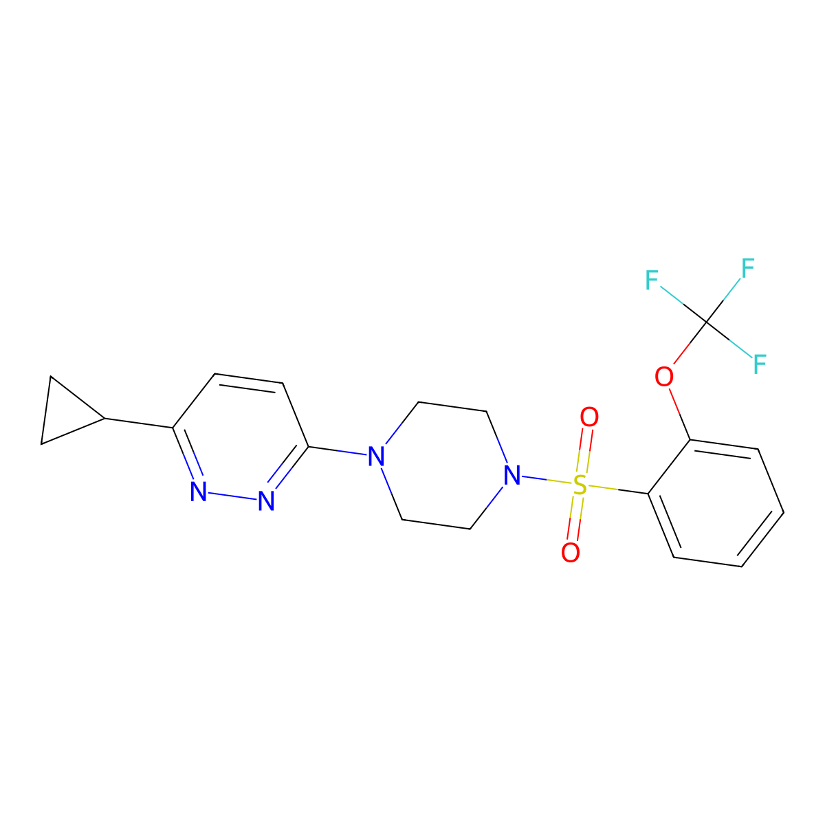 3-Cyclopropyl-6-(4-((2-(trifluoromethoxy)phenyl)sulfonyl)piperazin-1-yl)pyridazine molecular structure, CAS 2034234-37-0