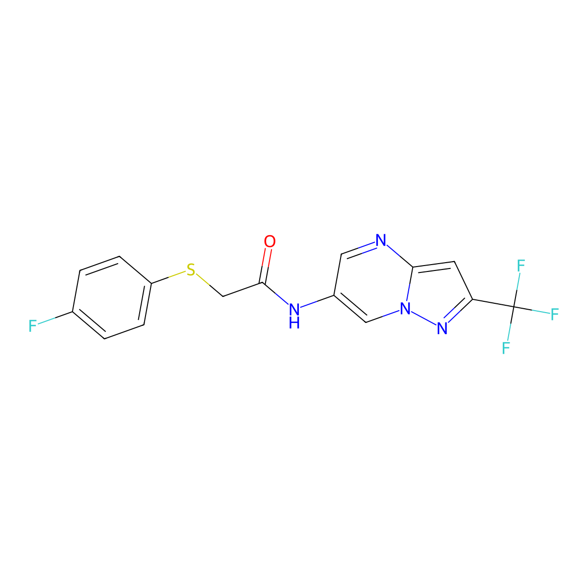 2-((4-fluorophenyl)thio)-N-(2-(trifluoromethyl)pyrazolo[1,5-a]pyrimidin-6-yl)acetamide molecular structure, CAS 2034234-75-6