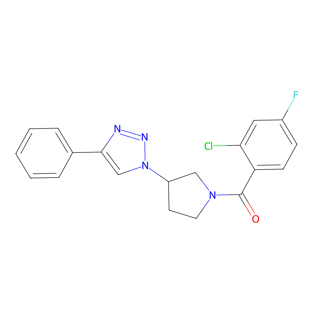 (2-chloro-4-fluorophenyl)(3-(4-phenyl-1H-1,2,3-triazol-1-yl)pyrrolidin-1-yl)methanone molecular structure, CAS 2034235-00-0