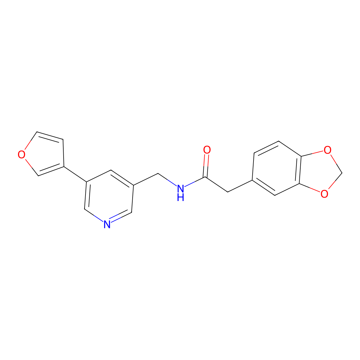 2-(benzo[d][1,3]dioxol-5-yl)-N-((5-(furan-3-yl)pyridin-3-yl)methyl)acetamide molecular structure, CAS 2034235-01-1