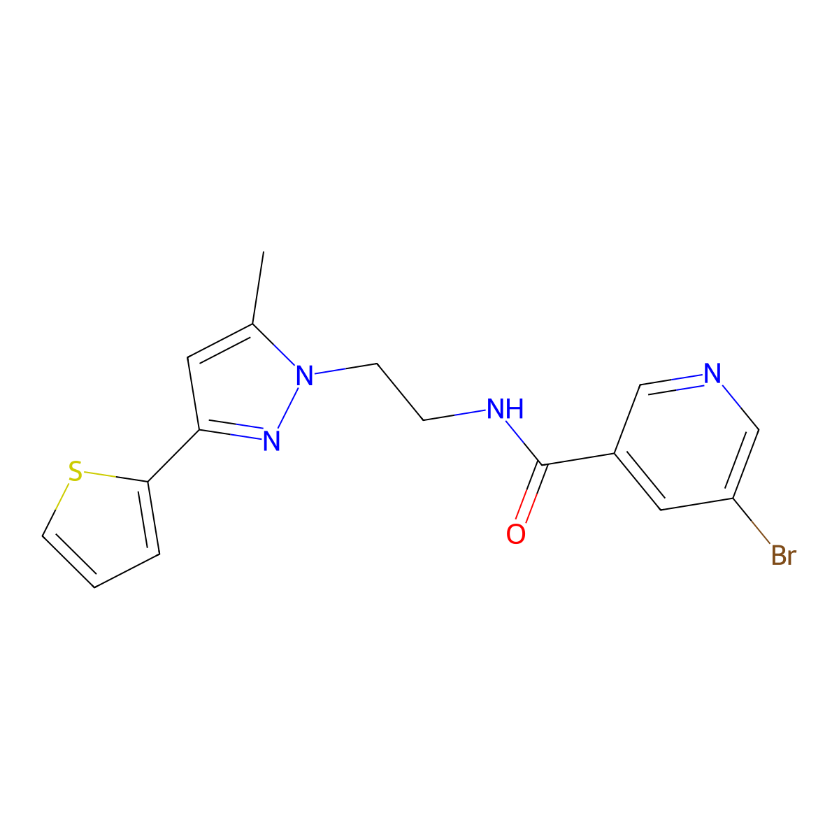 5-bromo-N-(2-(5-methyl-3-(thiophen-2-yl)-1H-pyrazol-1-yl)ethyl)nicotinamide molecular structure, CAS 2034235-02-2