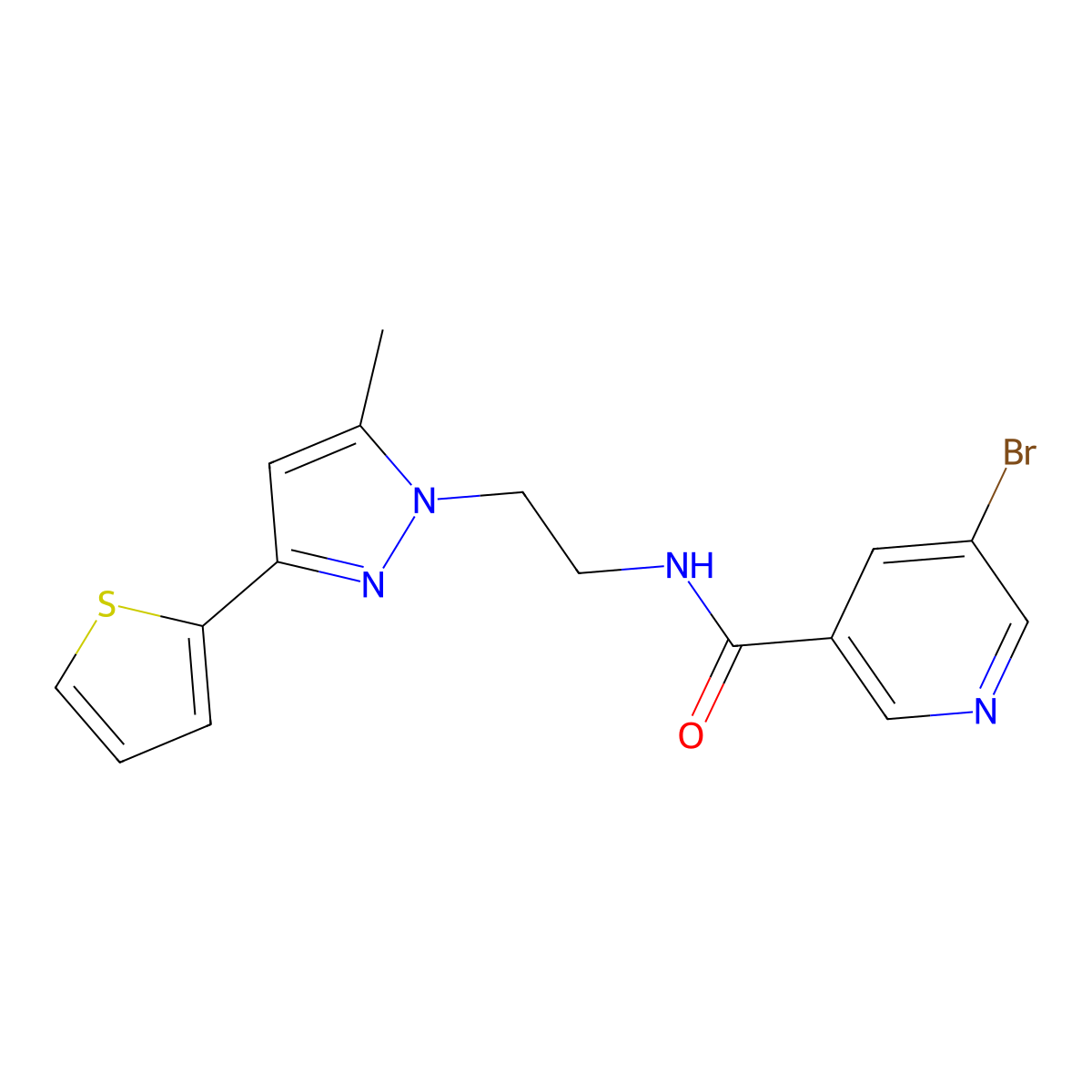 5-bromo-N-(2-(5-methyl-3-(thiophen-2-yl)-1H-pyrazol-1-yl)ethyl)nicotinamide molecular structure, CAS 2034235-02-2