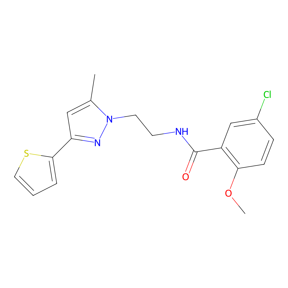5-chloro-2-methoxy-N-(2-(5-methyl-3-(thiophen-2-yl)-1H-pyrazol-1-yl)ethyl)benzamide molecular structure, CAS 2034235-05-5