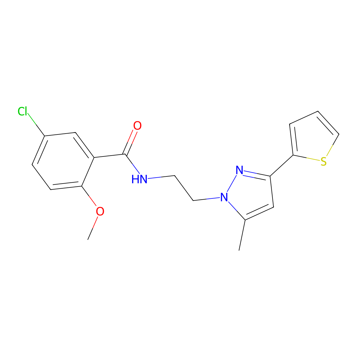 5-chloro-2-methoxy-N-(2-(5-methyl-3-(thiophen-2-yl)-1H-pyrazol-1-yl)ethyl)benzamide molecular structure, CAS 2034235-05-5