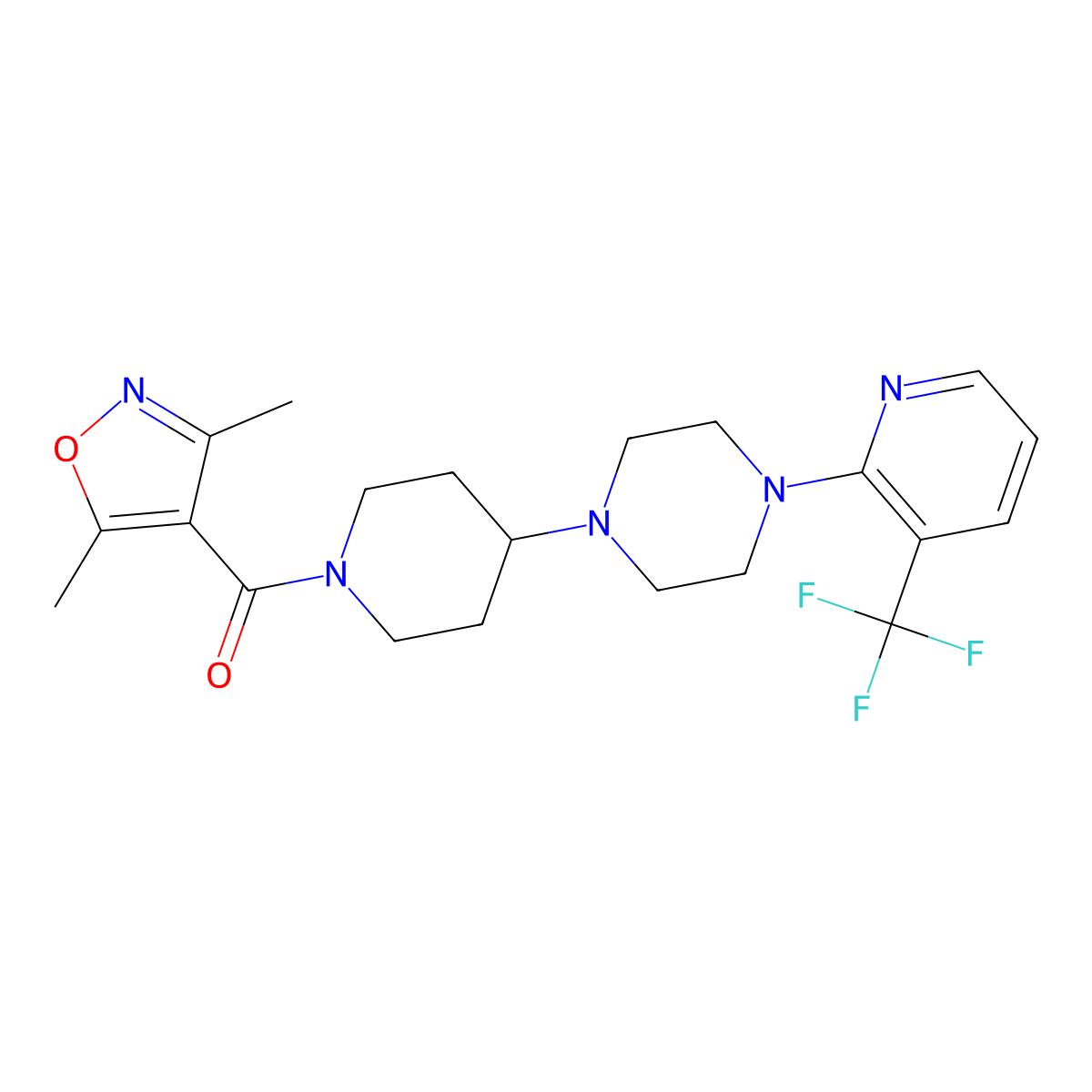(3,5-Dimethylisoxazol-4-yl)(4-(4-(3-(trifluoromethyl)pyridin-2-yl)piperazin-1-yl)piperidin-1-yl)methanone molecular structure, CAS 2034235-11-3
