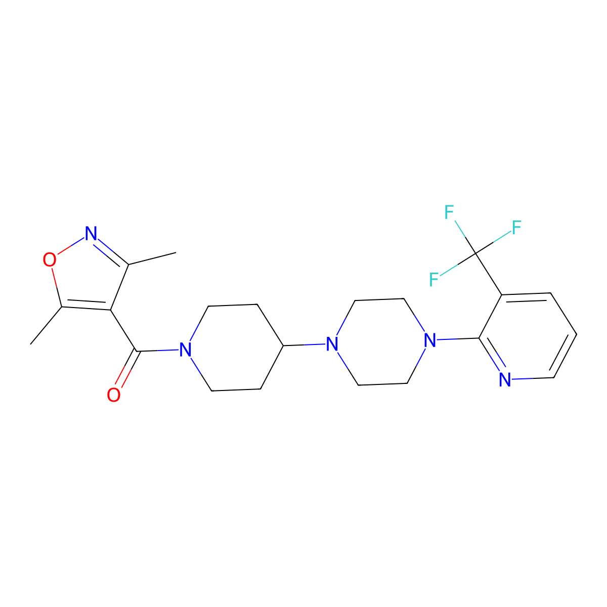 (3,5-Dimethylisoxazol-4-yl)(4-(4-(3-(trifluoromethyl)pyridin-2-yl)piperazin-1-yl)piperidin-1-yl)methanone molecular structure, CAS 2034235-11-3