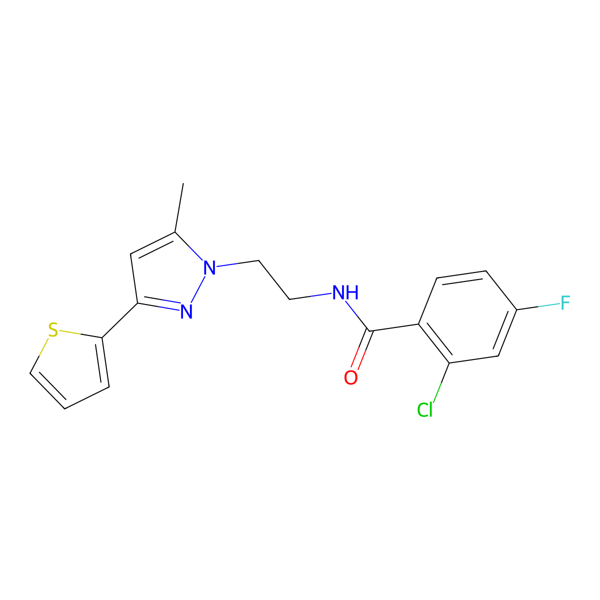 2-chloro-4-fluoro-N-{2-[5-methyl-3-(thiophen-2-yl)-1H-pyrazol-1-yl]ethyl}benzamide molecular structure, CAS 2034235-12-4