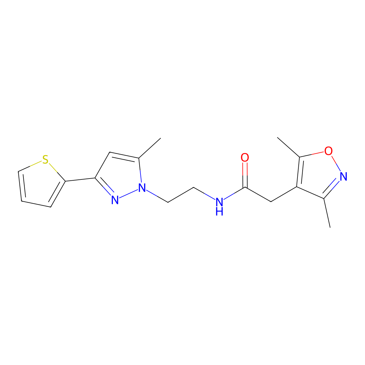 2-(3,5-dimethylisoxazol-4-yl)-N-(2-(5-methyl-3-(thiophen-2-yl)-1H-pyrazol-1-yl)ethyl)acetamide molecular structure, CAS 2034235-15-7