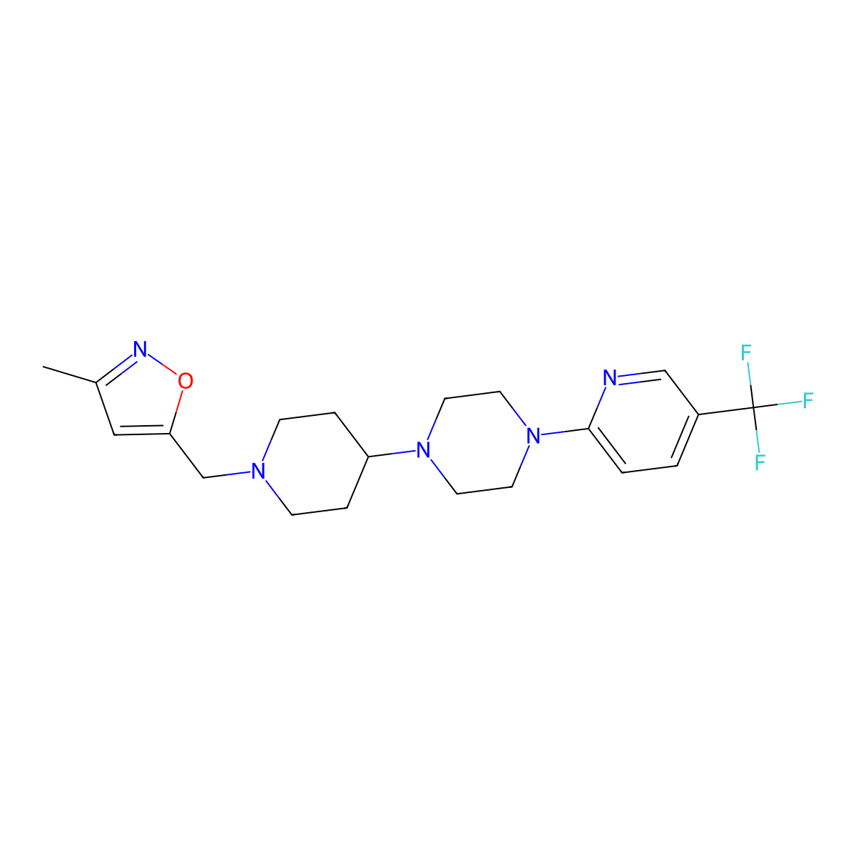 3-Methyl-5-((4-(4-(5-(trifluoromethyl)pyridin-2-yl)piperazin-1-yl)piperidin-1-yl)methyl)isoxazole molecular structure, CAS 2034235-16-8