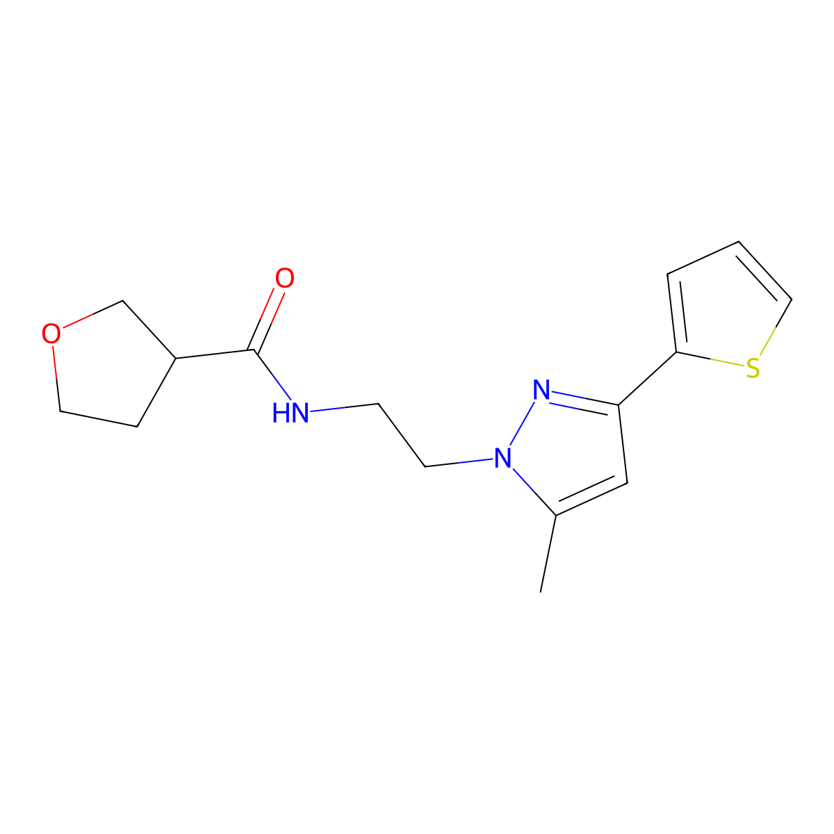 N-(2-(5-methyl-3-(thiophen-2-yl)-1H-pyrazol-1-yl)ethyl)tetrahydrofuran-3-carboxamide molecular structure, CAS 2034235-17-9