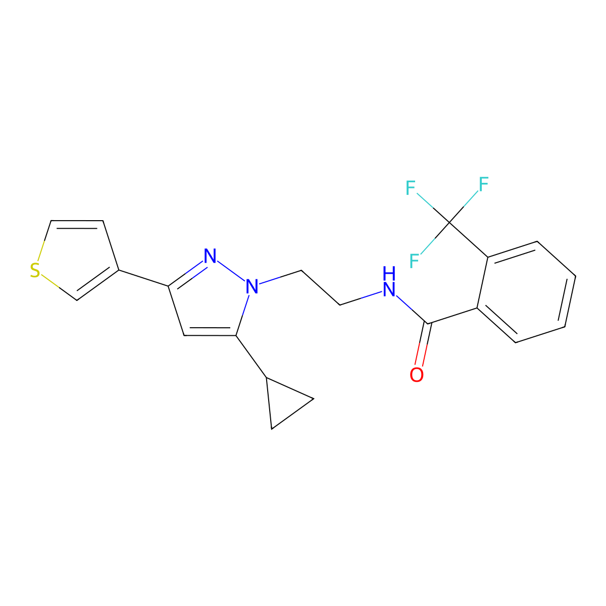 N-{2-[5-cyclopropyl-3-(thiophen-3-yl)-1H-pyrazol-1-yl]ethyl}-2-(trifluoromethyl)benzamide molecular structure, CAS 2034235-22-6