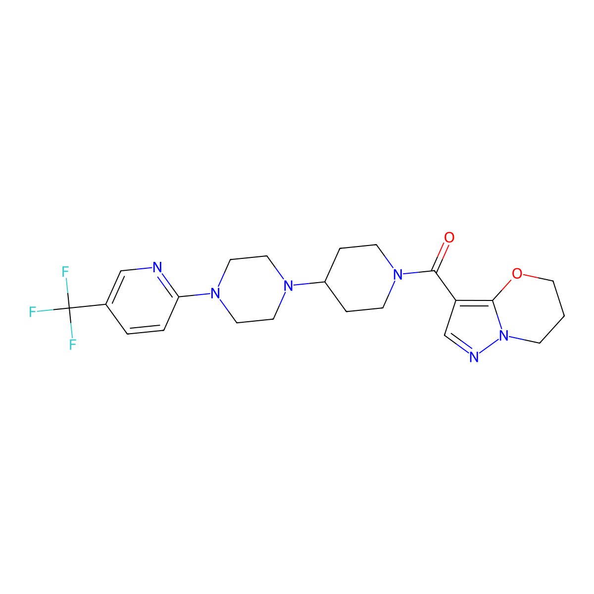 (6,7-dihydro-5H-pyrazolo[5,1-b][1,3]oxazin-3-yl)(4-(4-(5-(trifluoromethyl)pyridin-2-yl)piperazin-1-yl)piperidin-1-yl)methanone molecular structure, CAS 2034235-23-7