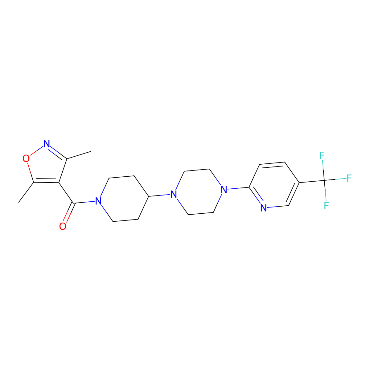 (3,5-Dimethylisoxazol-4-yl)(4-(4-(5-(trifluoromethyl)pyridin-2-yl)piperazin-1-yl)piperidin-1-yl)methanone molecular structure, CAS 2034235-27-1