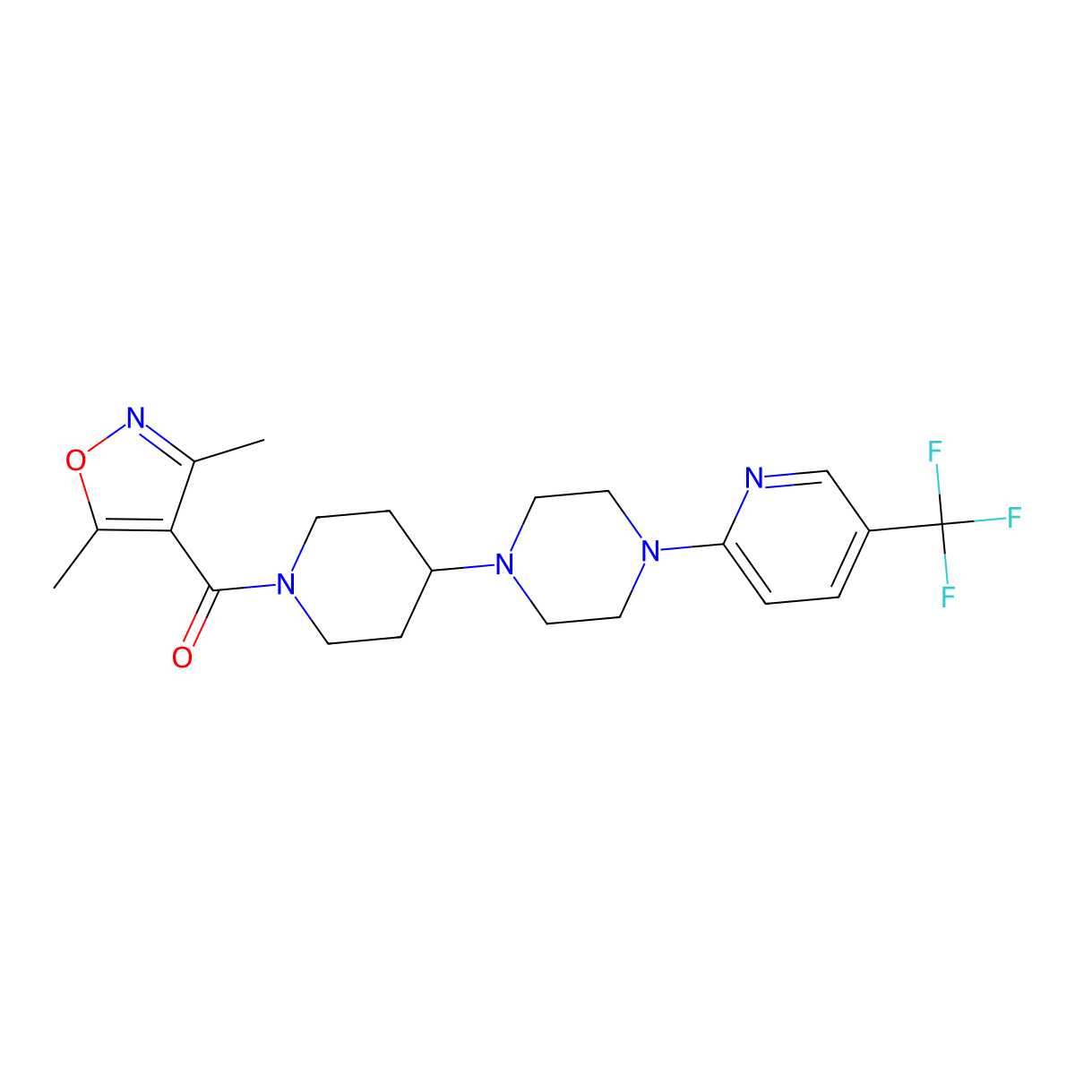 (3,5-Dimethylisoxazol-4-yl)(4-(4-(5-(trifluoromethyl)pyridin-2-yl)piperazin-1-yl)piperidin-1-yl)methanone molecular structure, CAS 2034235-27-1
